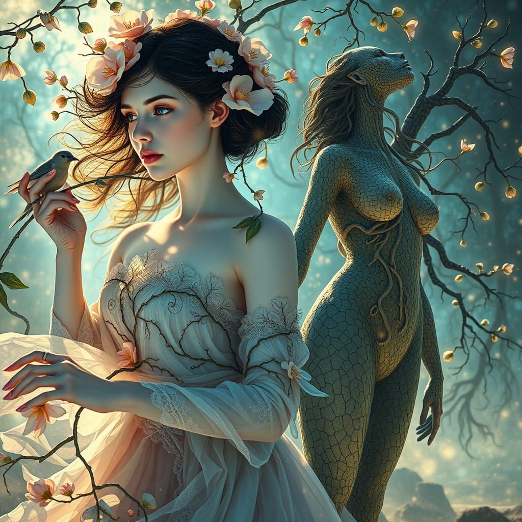 Ethereal Women Dancing in Surreal Expressionist Landscape