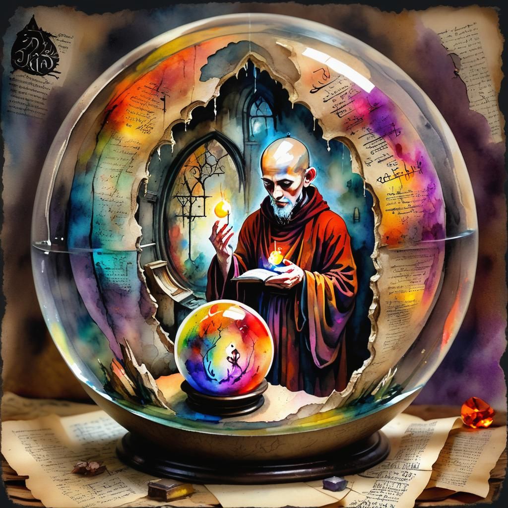 Gothic Monk Soothsaying Inside Glass Orb, Watercolor