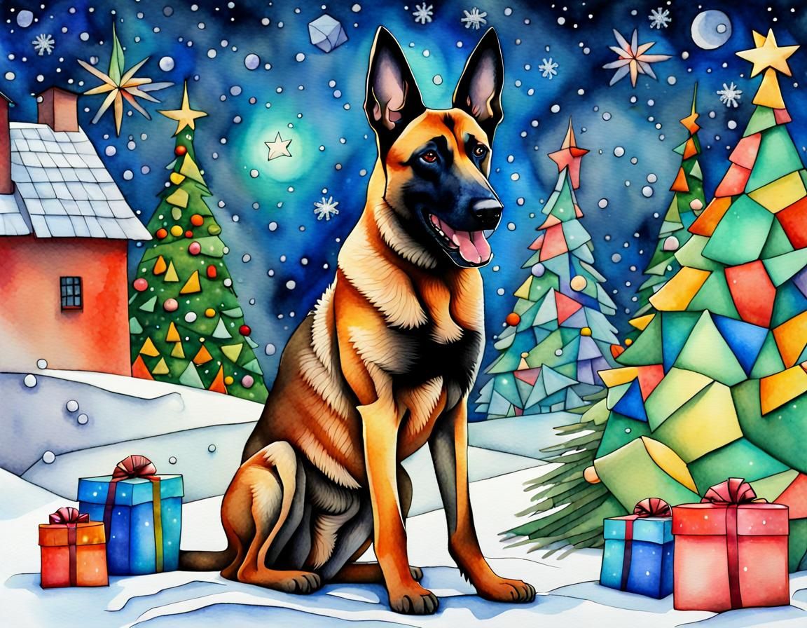 Festive Christmas Dog in Cubist Aquarelle Style