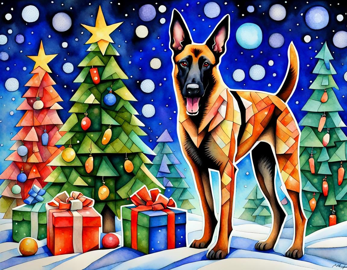 Festive Christmas Dog in Cubist Watercolor Style