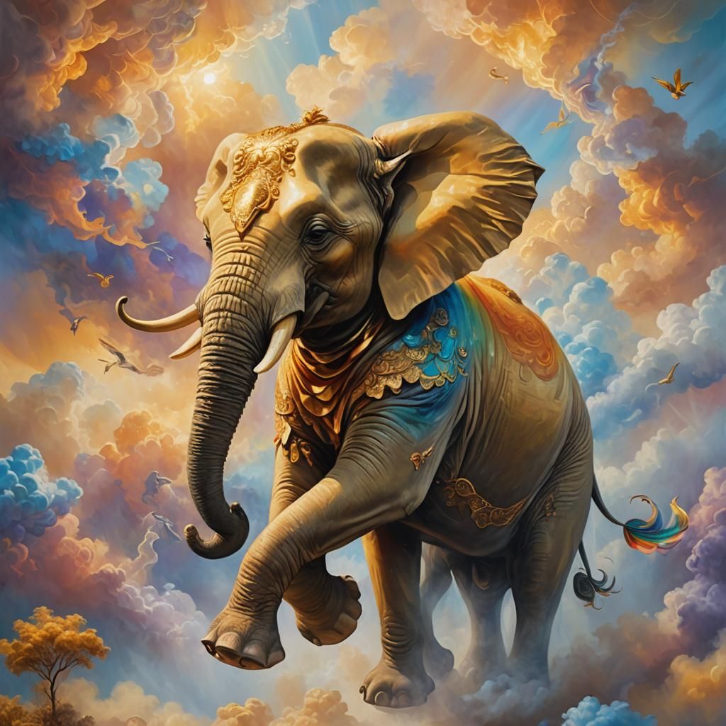 Golden Flying Elephant in Misty Skies: Surreal Oil Painting