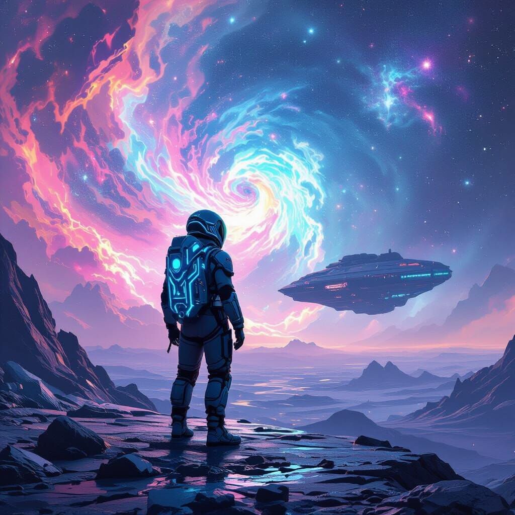 Explorer on Crystalline Planet Against Nebula