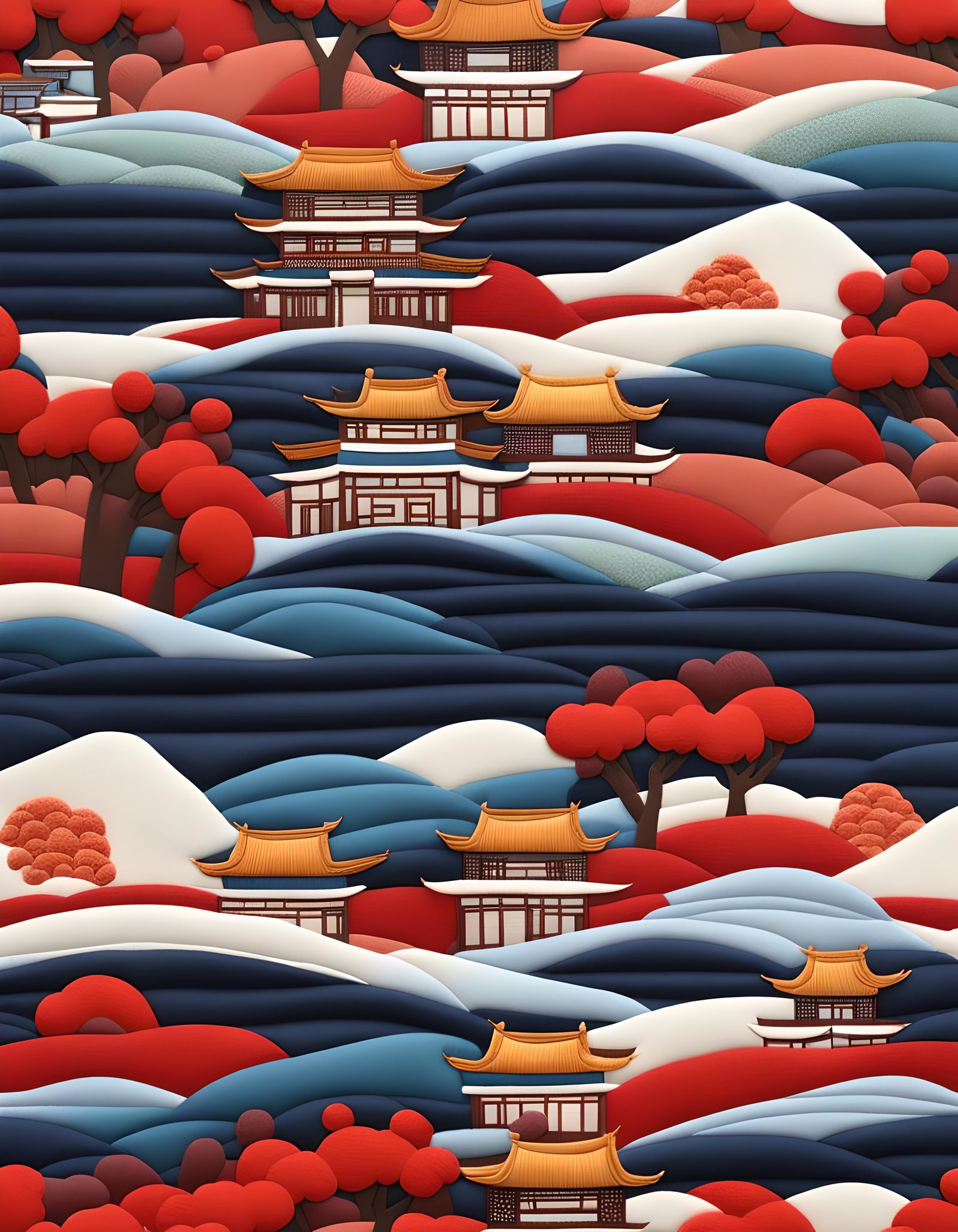 Minimalist Chinese Landscape in Patchwork Fabric