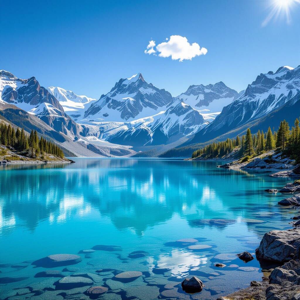 Vibrant Cyan Glacial Lake Reflecting Snow-Capped Mountains
