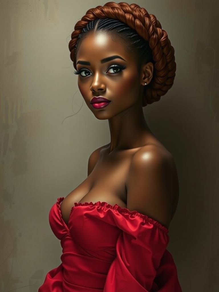 African American Woman with Red Braided Updo in Red Top