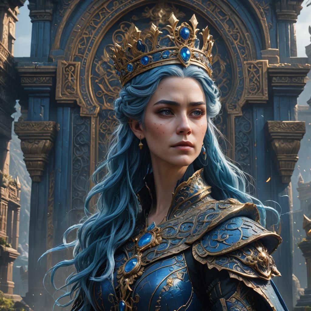 Blue-Haired Queen in Detailed Fantasy Art Style
