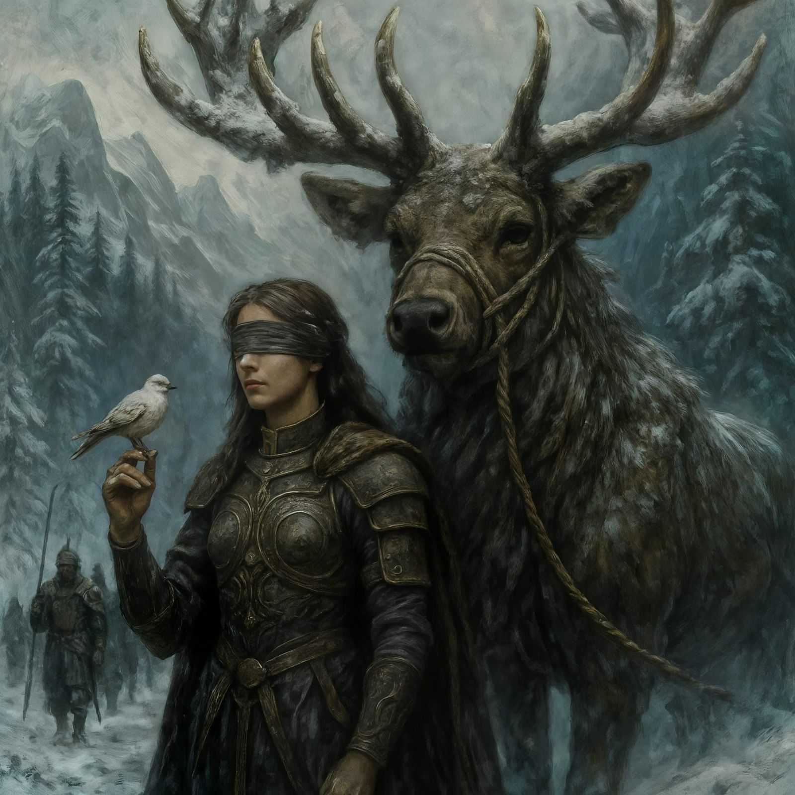 Armored Warrior with Deer in Snowy Pass