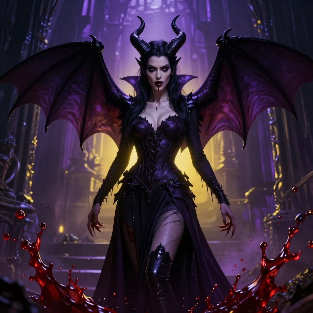 Dark Fantasy Vampire Queen with Bat Wings in Castle