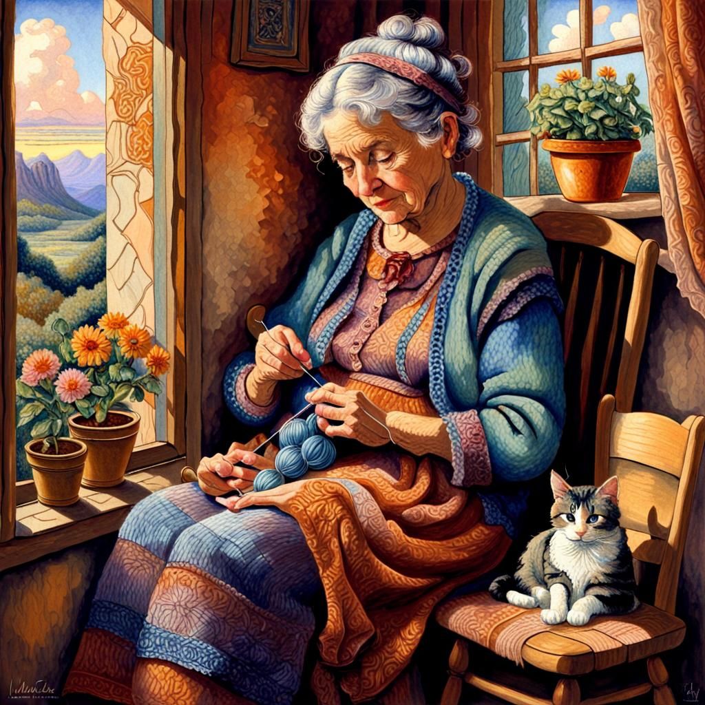 Cozy Old Woman Knitting with Cat: Folk Art Style