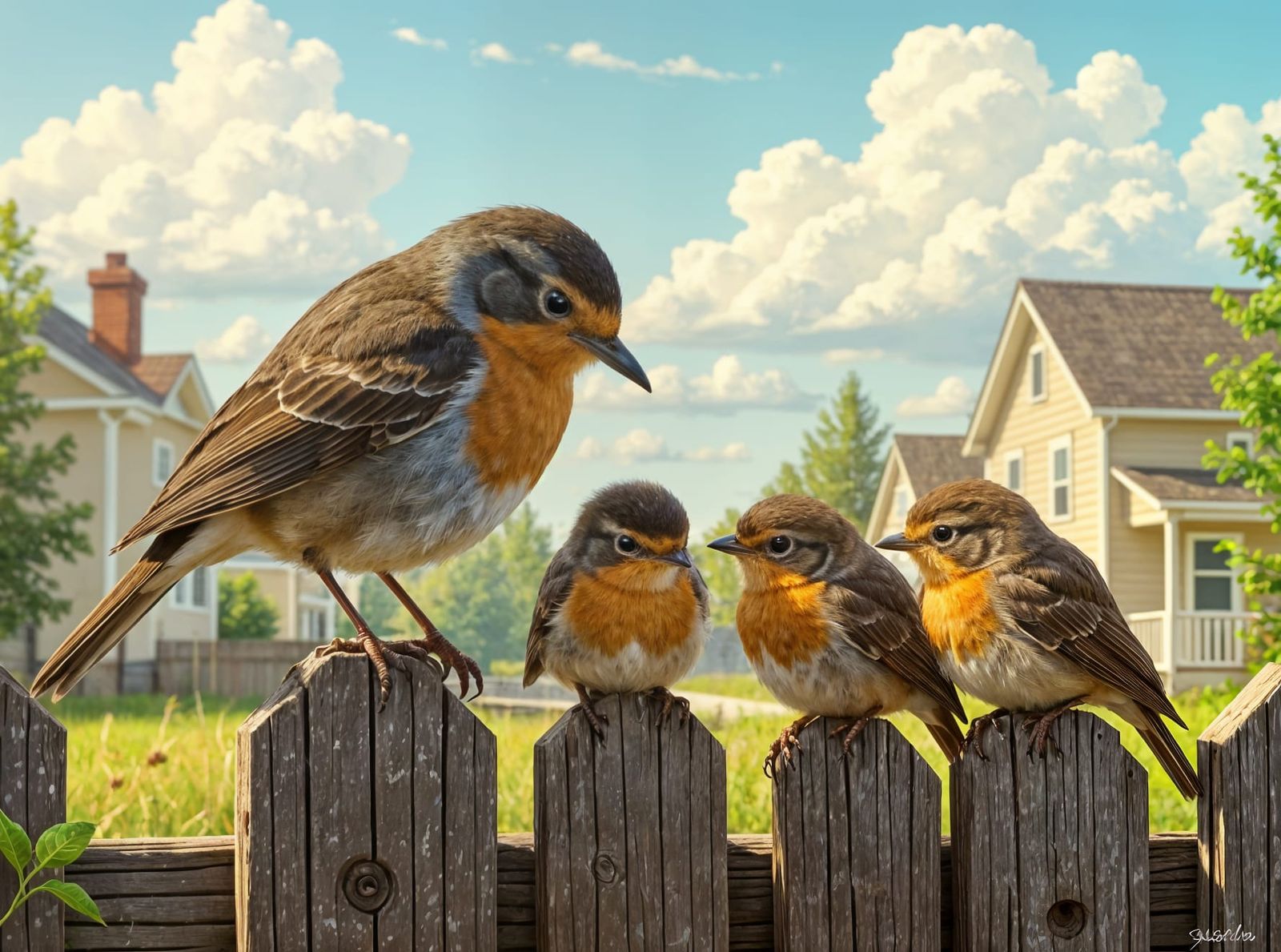 Robin Family Portrait in Sunny Suburbia