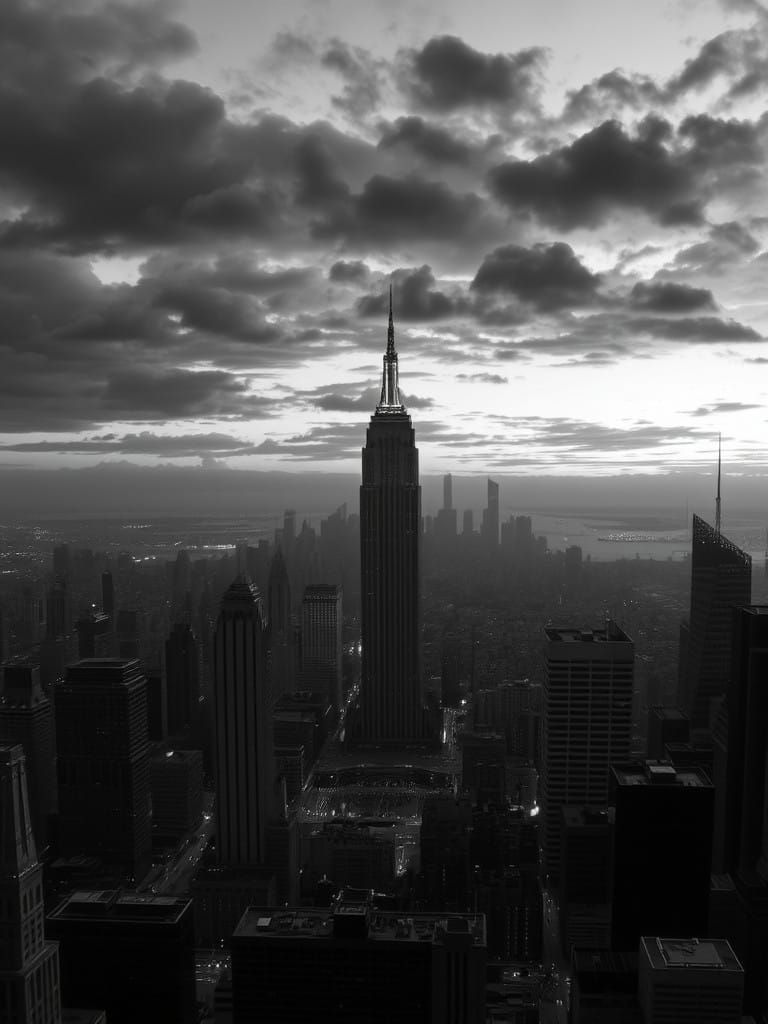 Hyperrealistic Cityscape at Dusk in a Futuristic Black and W...
