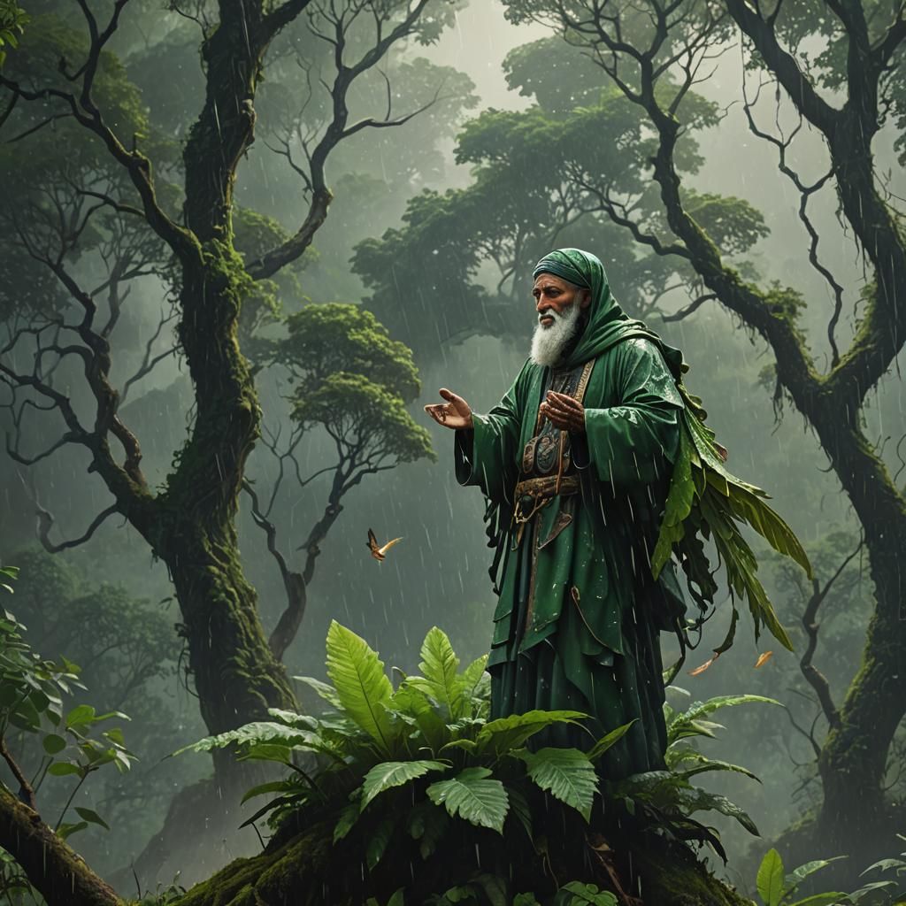 Old Man Praying in Forest: Detailed Matte Painting