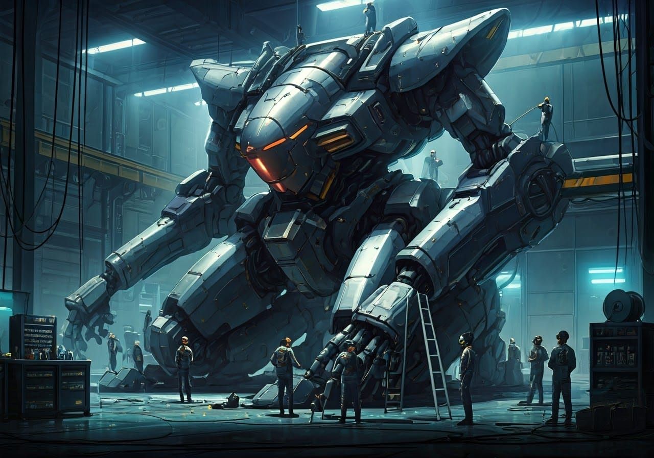 Giant Mecha Undergoing Maintenance in Pop-Art Style
