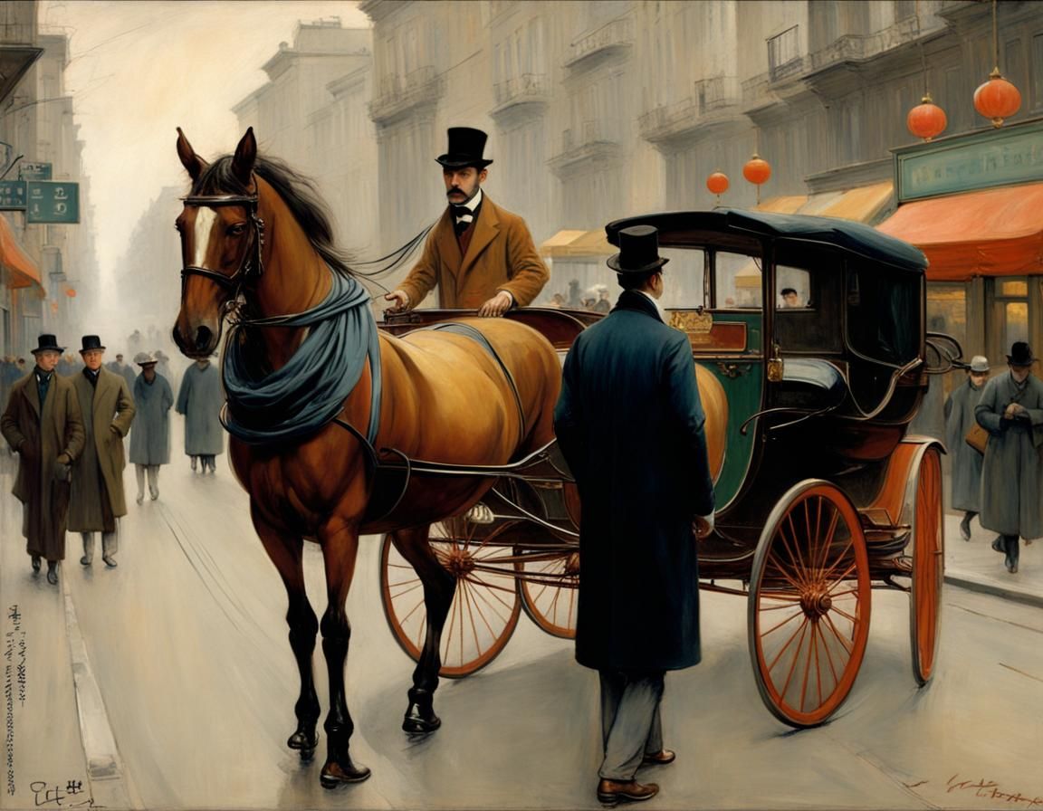 Elegant Man with Horse Carriage in Expressionist Style