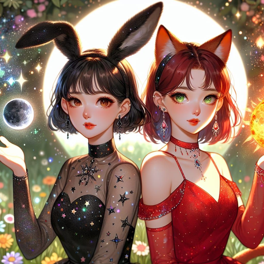 Magical Meadow: Moon and Sun Goddesses Conjuring Magic