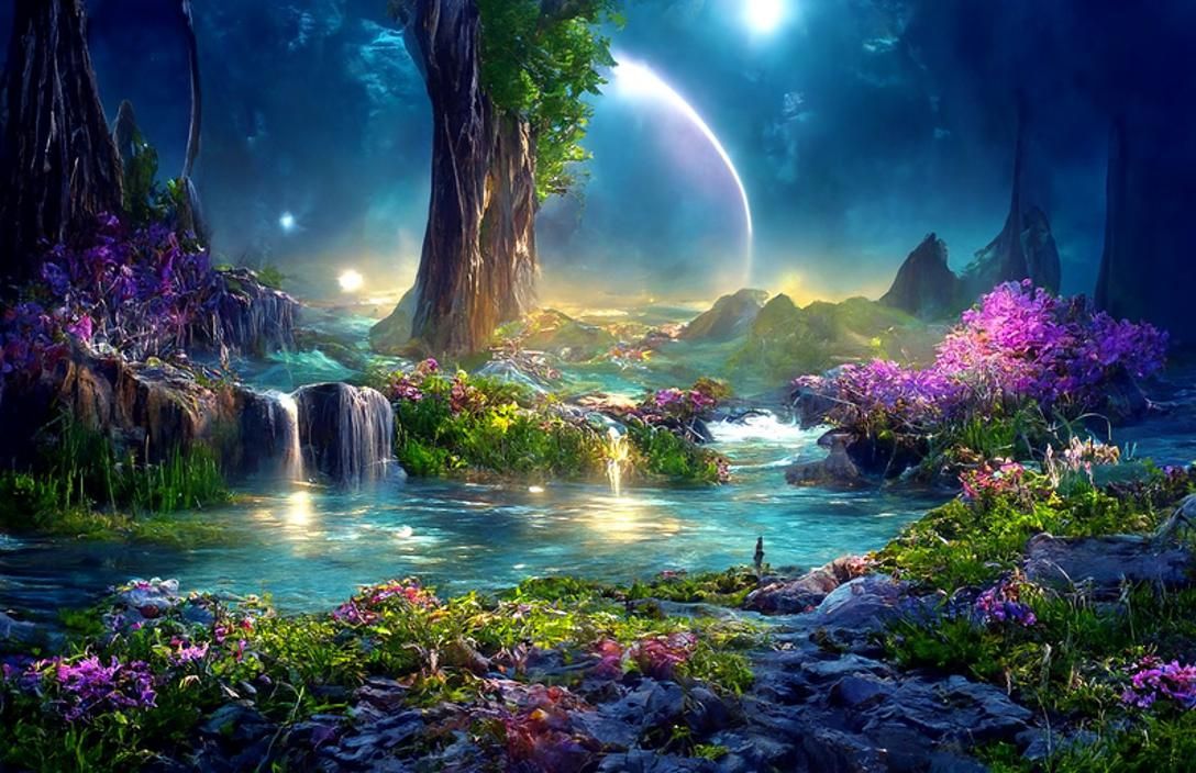 Magical Waterfall Fantasy Art in Rococo Style