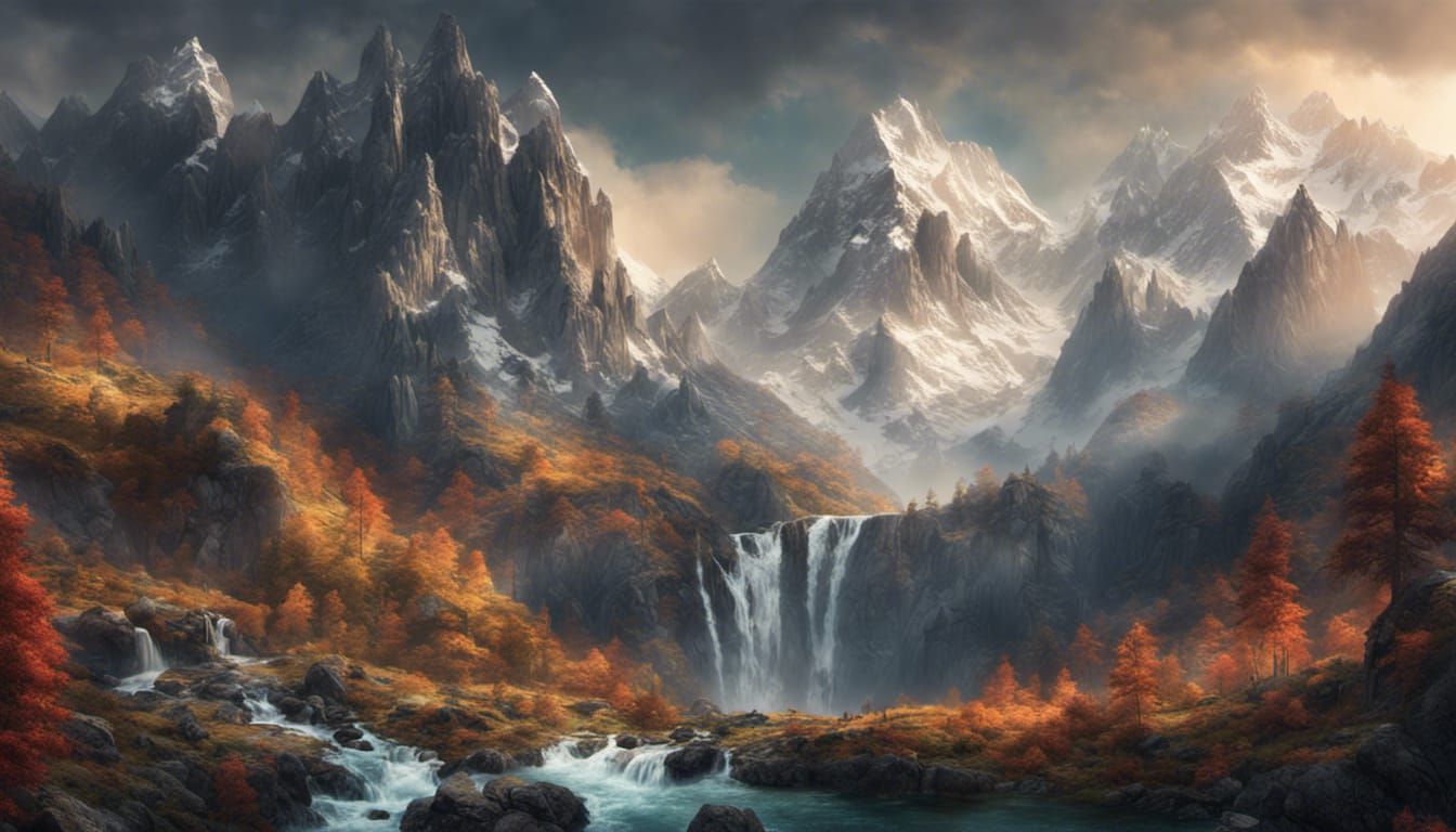Majestic Mountain Peaks and Waterfalls: Fantasy Concept Art