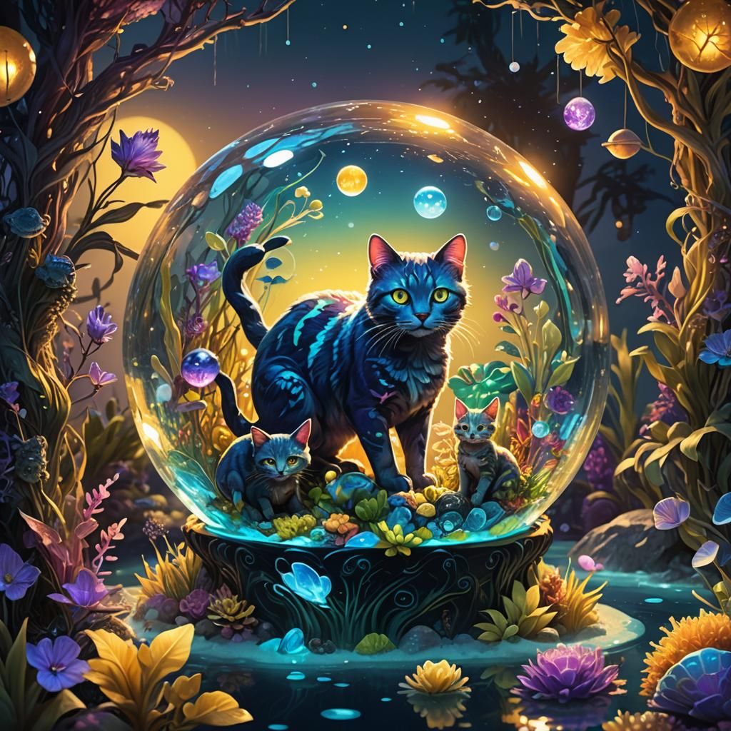 Glass Cat Family in Bioluminescent Orb: Fantasy Art