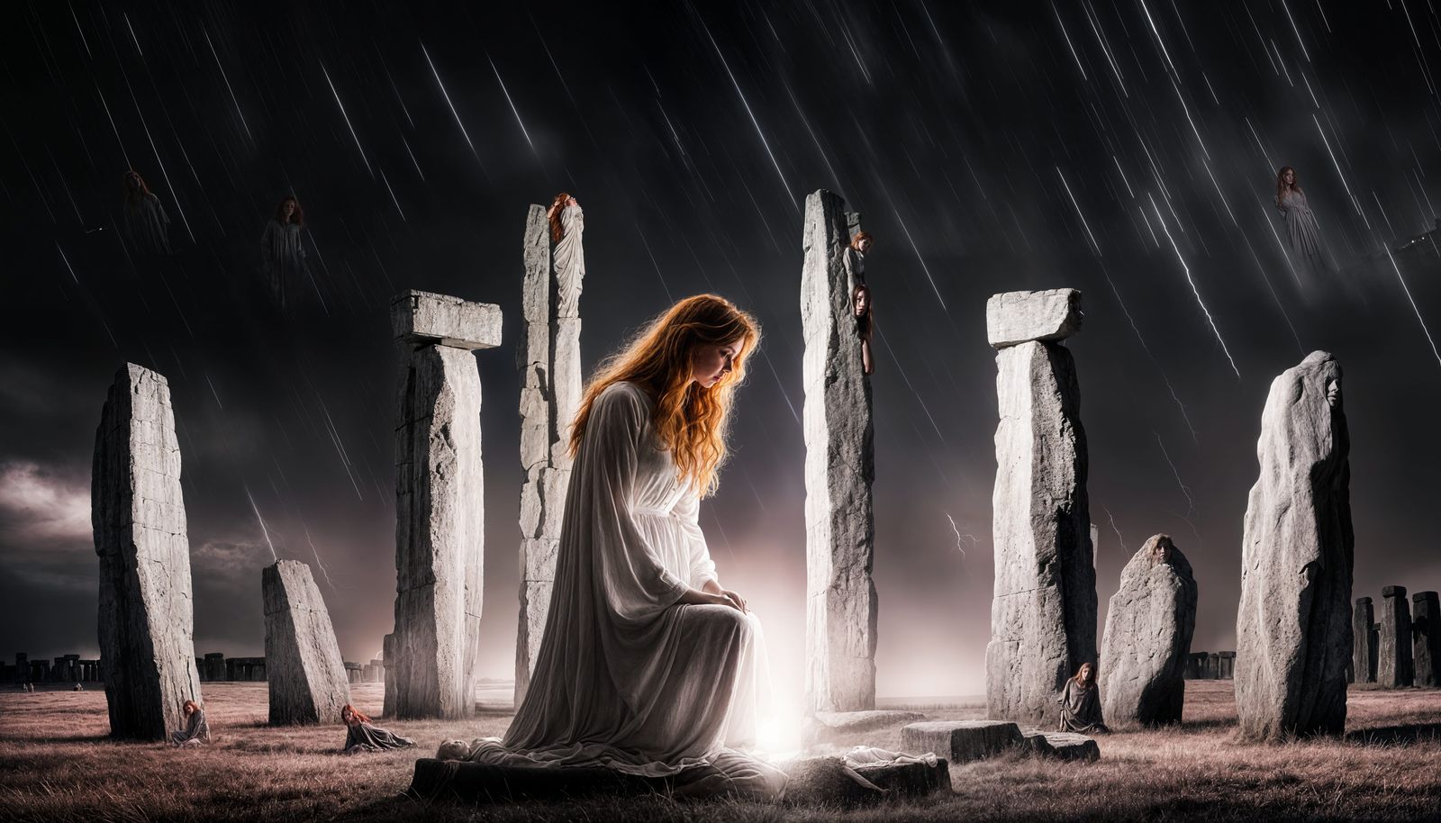 Redhead Angel Praying at Stonehenge in Storm