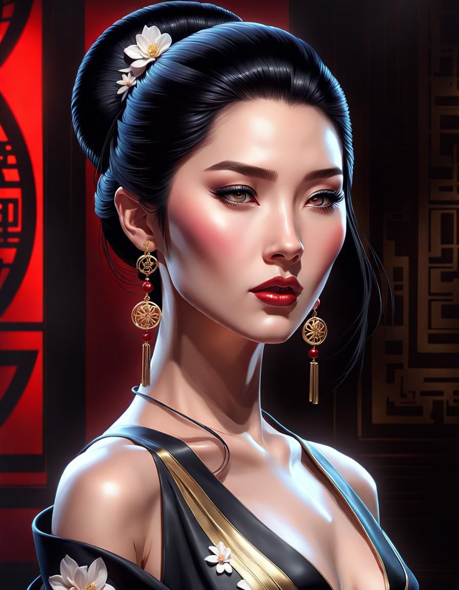 Attractive Chinese Woman Portrait in Digital Art Style