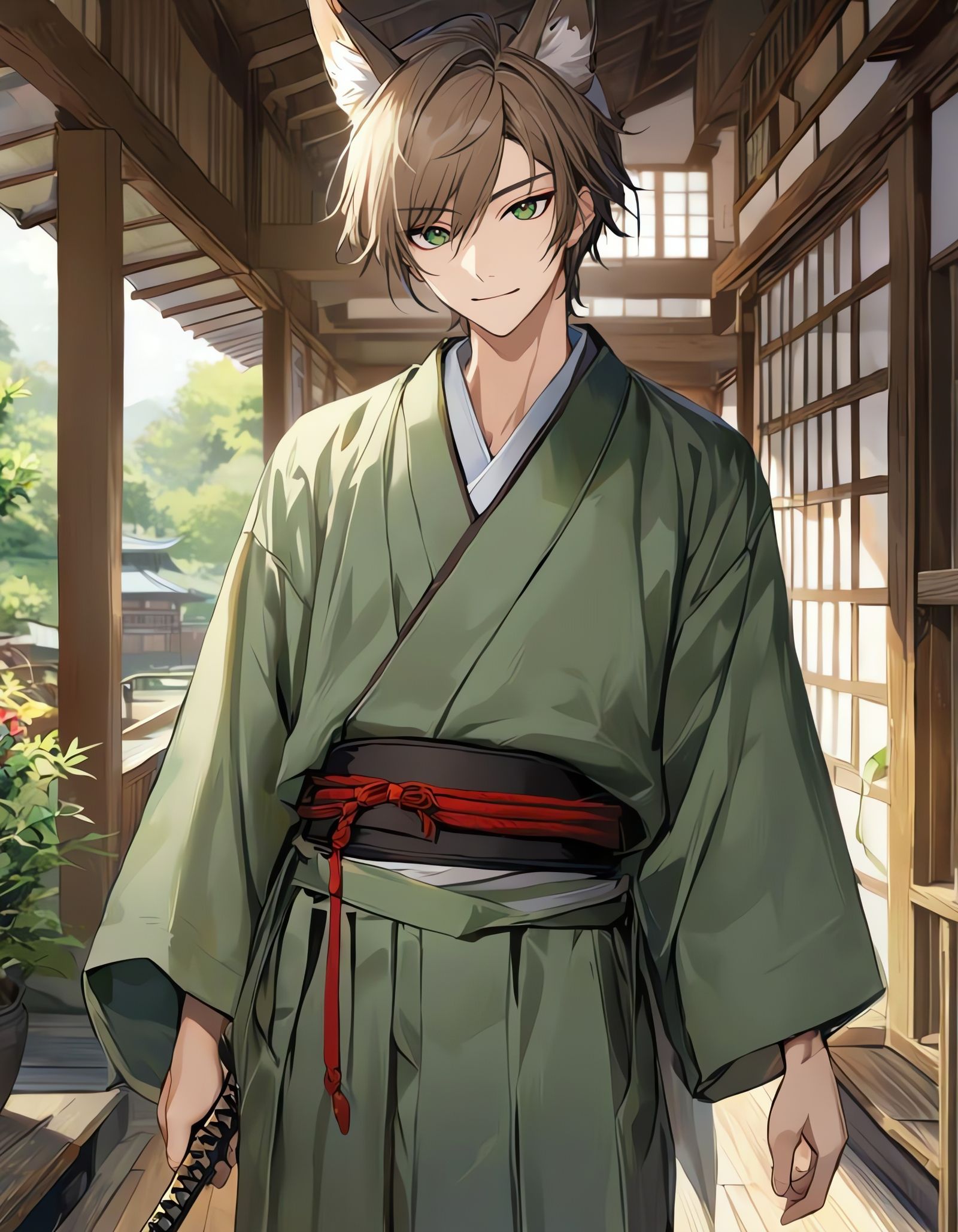 Bishounen Cowboy Samurai in Japanese Garden