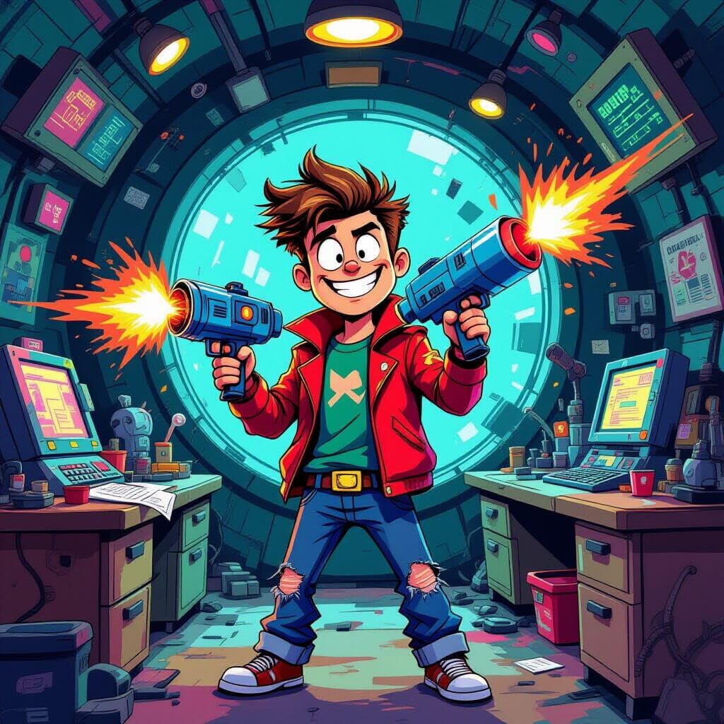 Mischievous Man in Villain Lair with Ray Gun