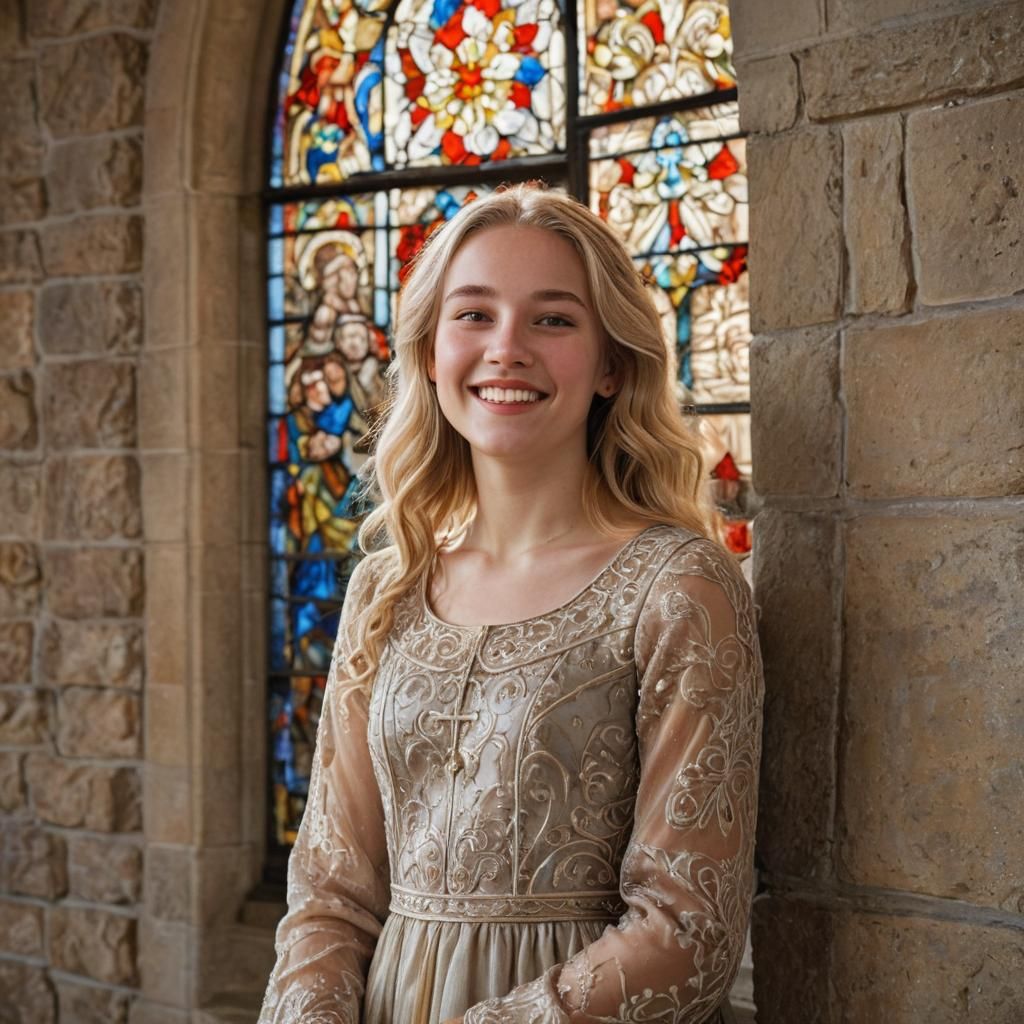 Happy Girl in Ornate Church: Baroque Pencil Art
