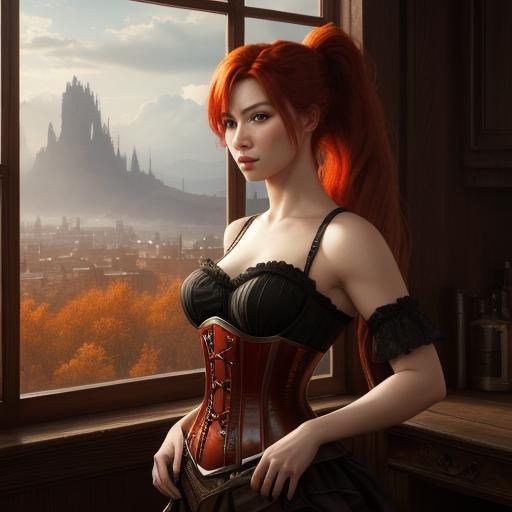 Beautiful, Red-haired, female wearing a Corset in the style of WLOP.
