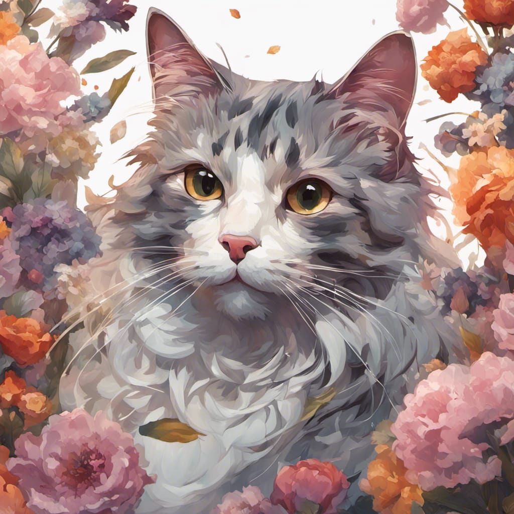 Floral Feline Portrait in Hyperdetailed Digital Art Style