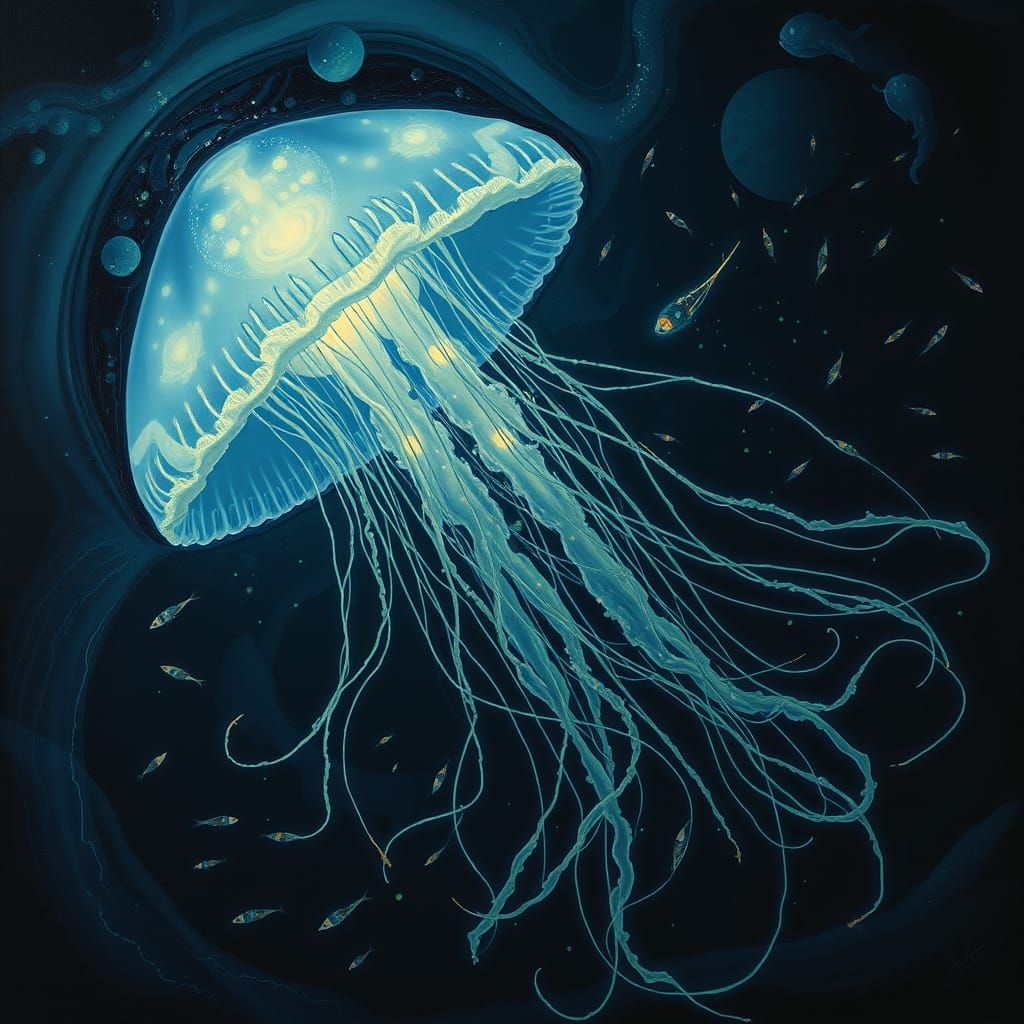 Surreal Oceanic Scene with Bioluminescent Jellyfish and Fant...