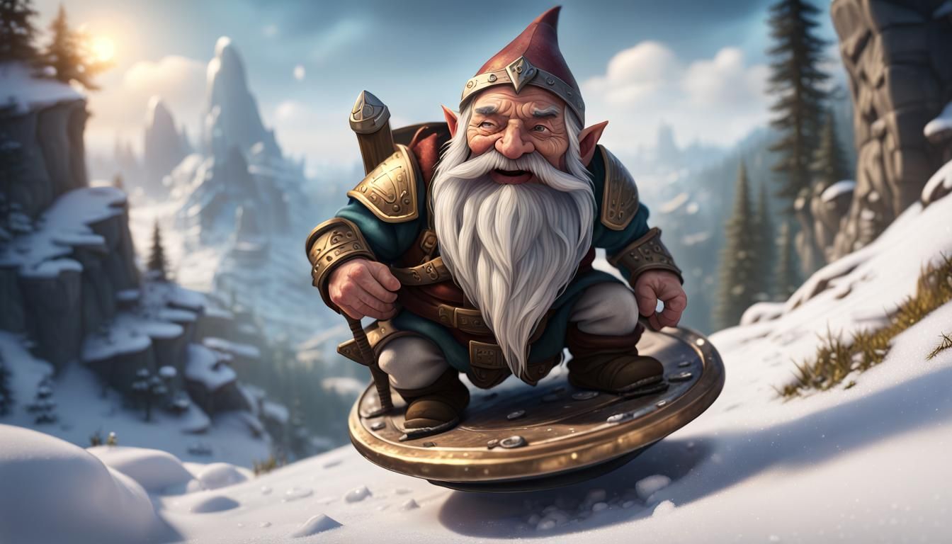 Dwarf Sledding on Shield: A Whimsical Winter Scene