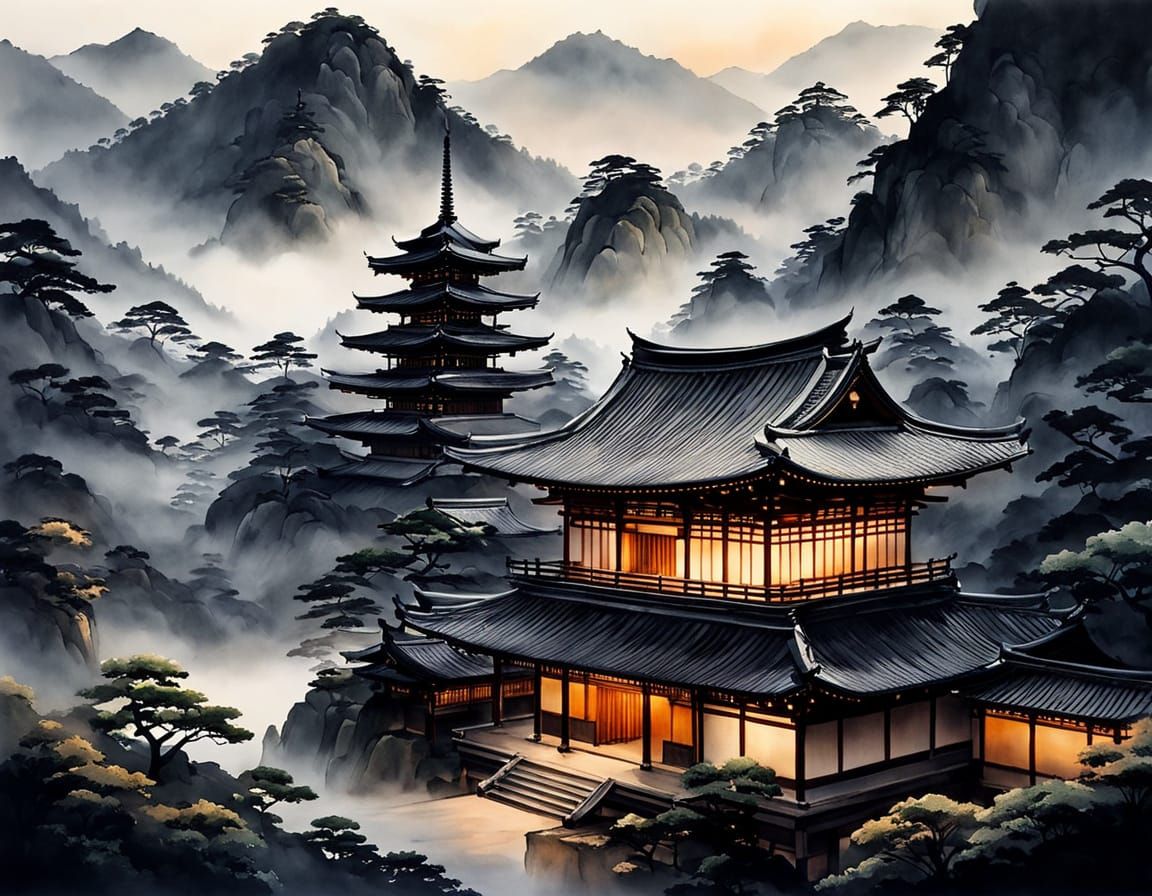 Traditional Japanese Temple in Serene Misty Mountains