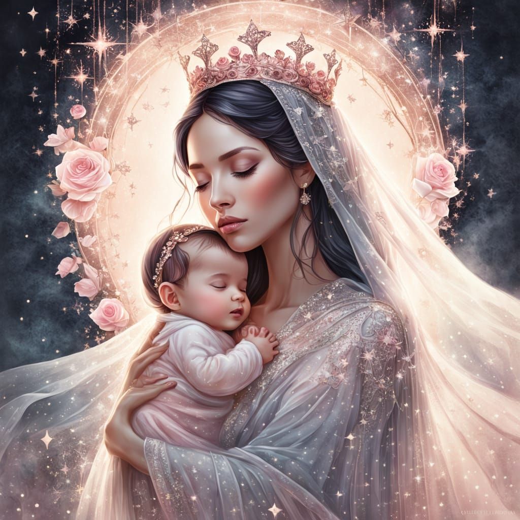 Ethereal Mother with Pink Rose Crown and Stardust Stars