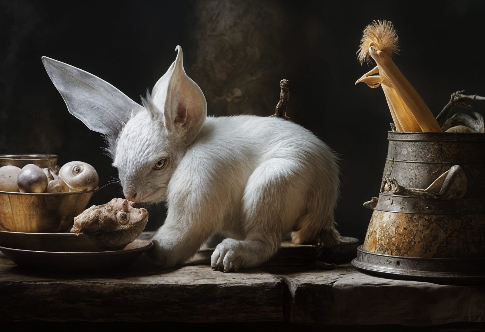 Surreal Restaurant Scene with Bizarre Creatures