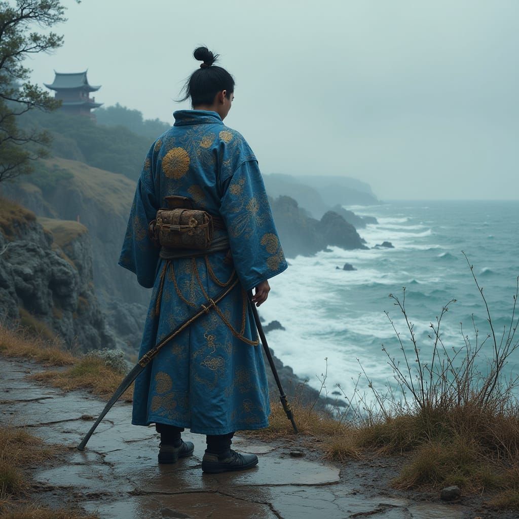 Japanese Samurai in Kimono Overlooking Stormy Sea