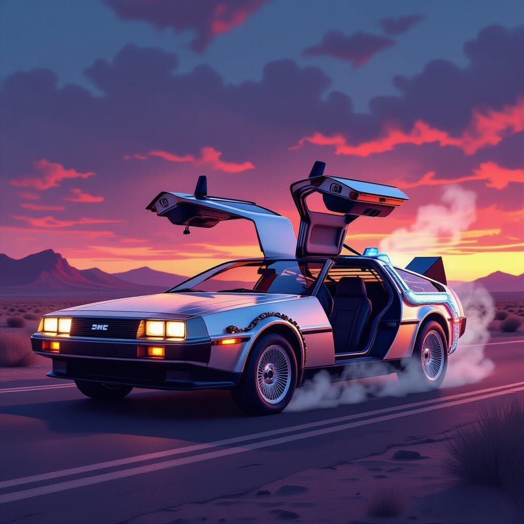DeLorean Time Machine on Desert Road at Dusk