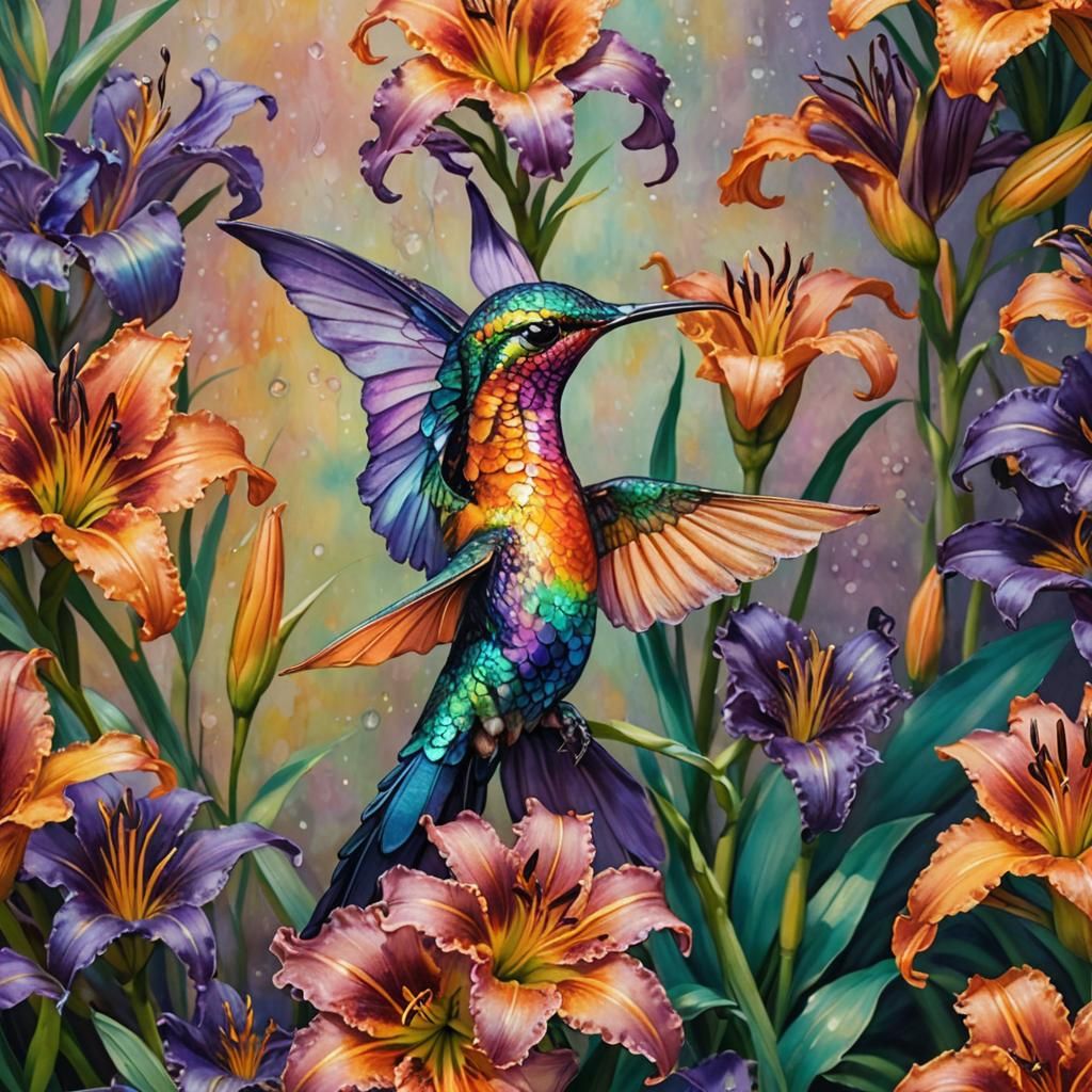 Iridescent Dragon Feeds on Daylily, Hyperrealistic Oil Paint...