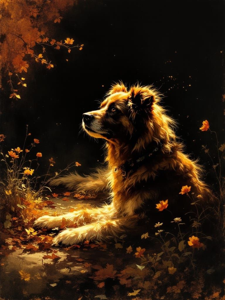Golden Dog in Luminous Darkness, Rembrandt & Sesshū Style