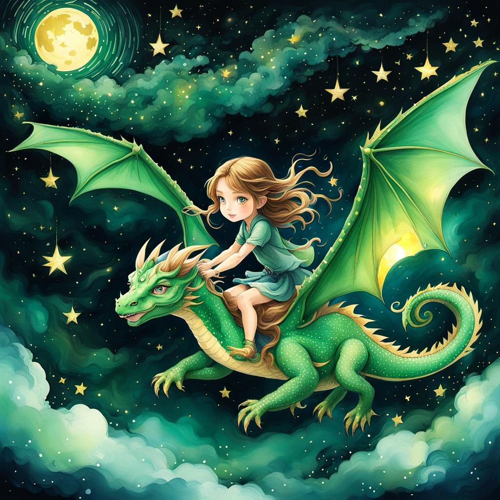 Little girl with a green dress flying on her green dragon in a greenish magical starry sky