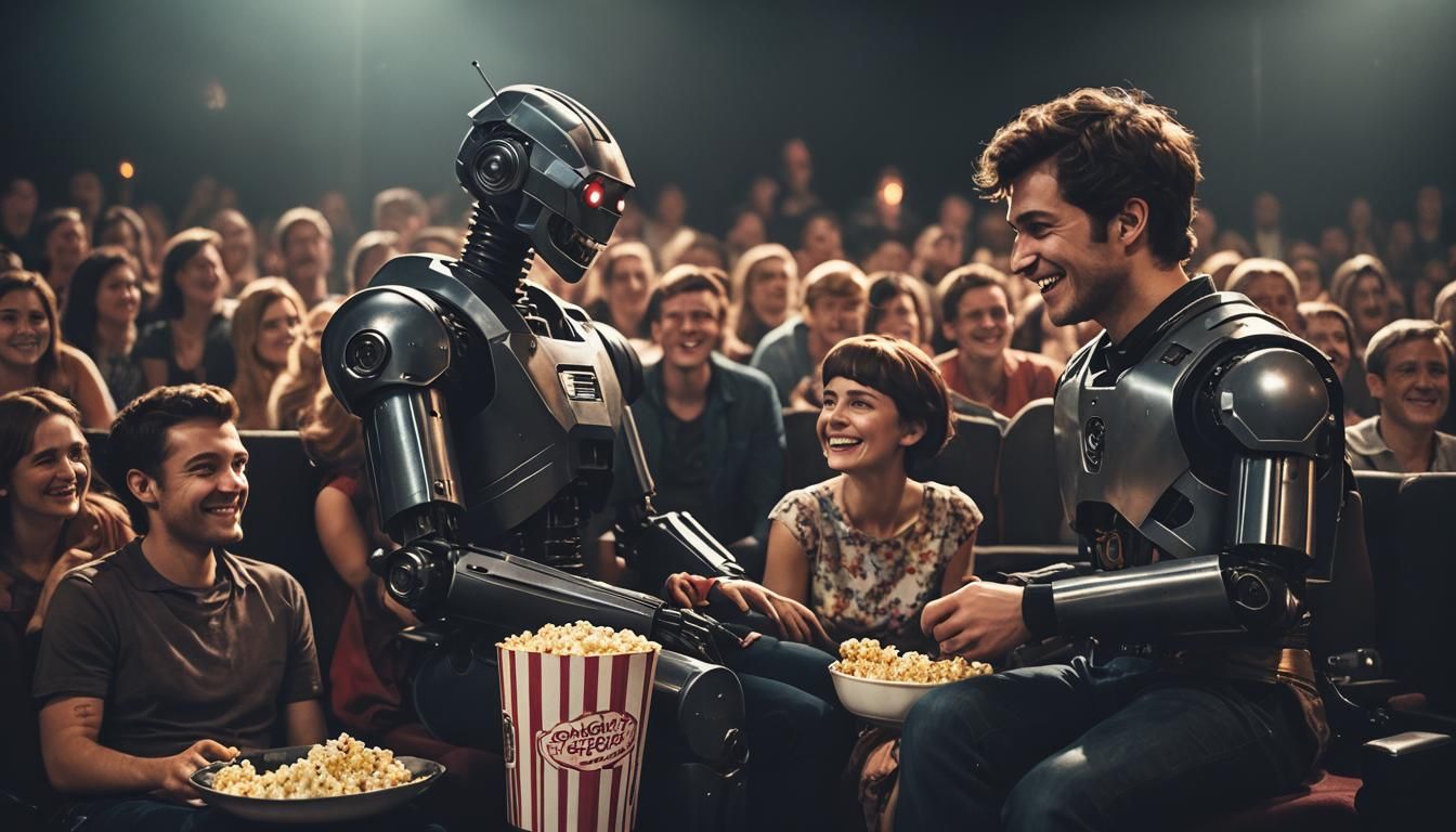 Robot and Man Enjoying a Movie, Cinematic Still