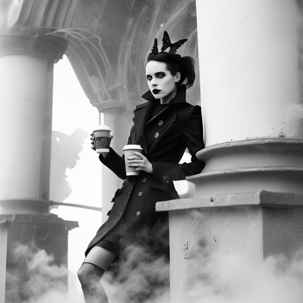 Goth Model in Abandoned Tech Coffee Shop