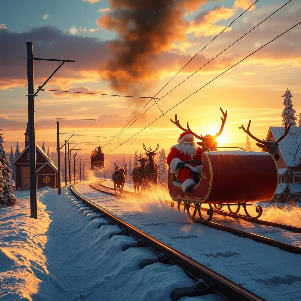 Magical Chaos: Golden Hour Tram Crash with Reindeer Sleigh