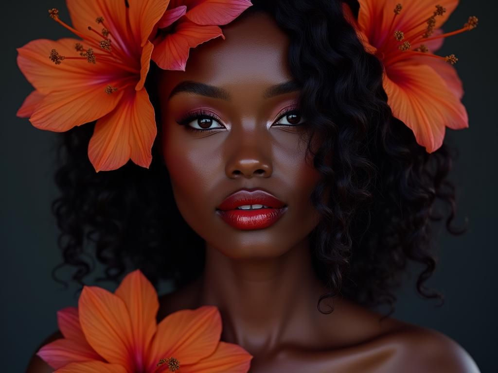 Stunning Black Woman Portrait with Floral Elements