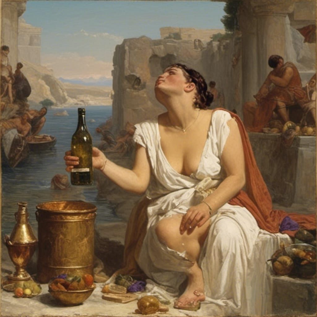 <lora:Phoenicia:1.0> drunk woman in a wet T-shirt with a bottle of vodka