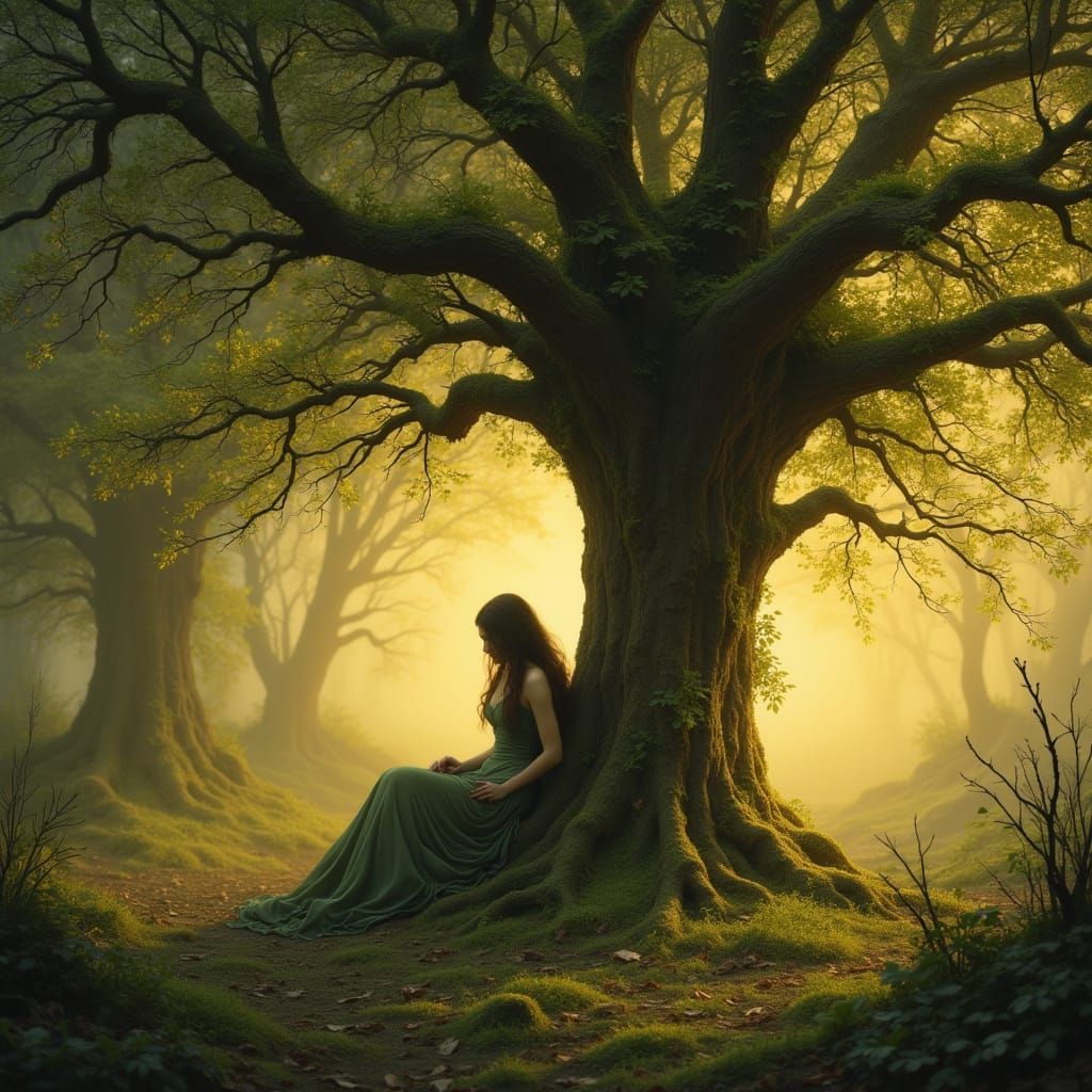 Dryad Emerges from Ancient Oak at Golden Hour