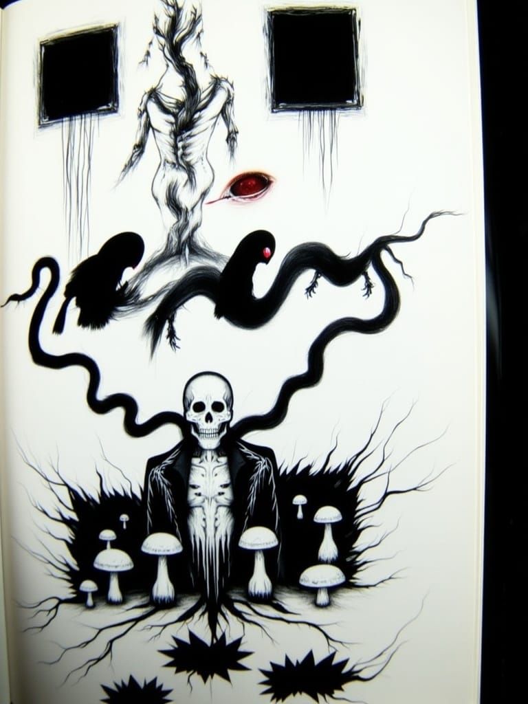 Grim Reaper in Mushroom Forest with Raven