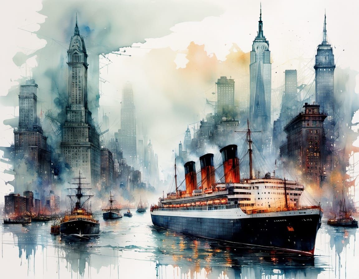 Ultra-Realistic 1930s New York Harbor Scene in Watercolor St...