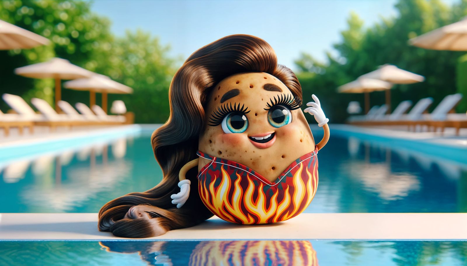 Cheerful CGI Cartoon Potato by the Pool