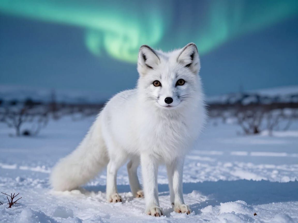 Cute Arctic Fox Under Northern Lights in Snowy Tundra