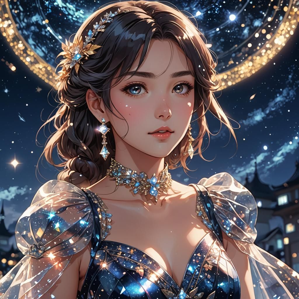 Woman in Glass Dress Against Night Sky